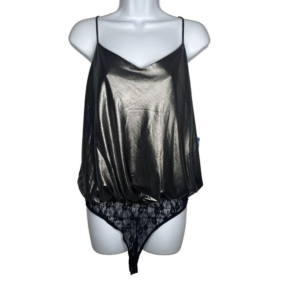 Free People Intimately Foil Babes Bodysuit Size M Silver Blouson Lace Thong - Picture 1 of 8